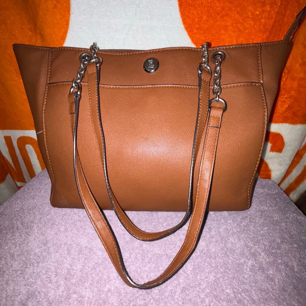 Chaps Tan Faux Leather Tote Bag – Chain Strap Detail 16x10